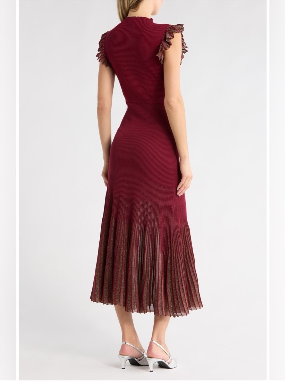 Moon River Ribbed Sleeveless Midi Dress in Burgundy with Pleated Hem - Picture 2 of 11